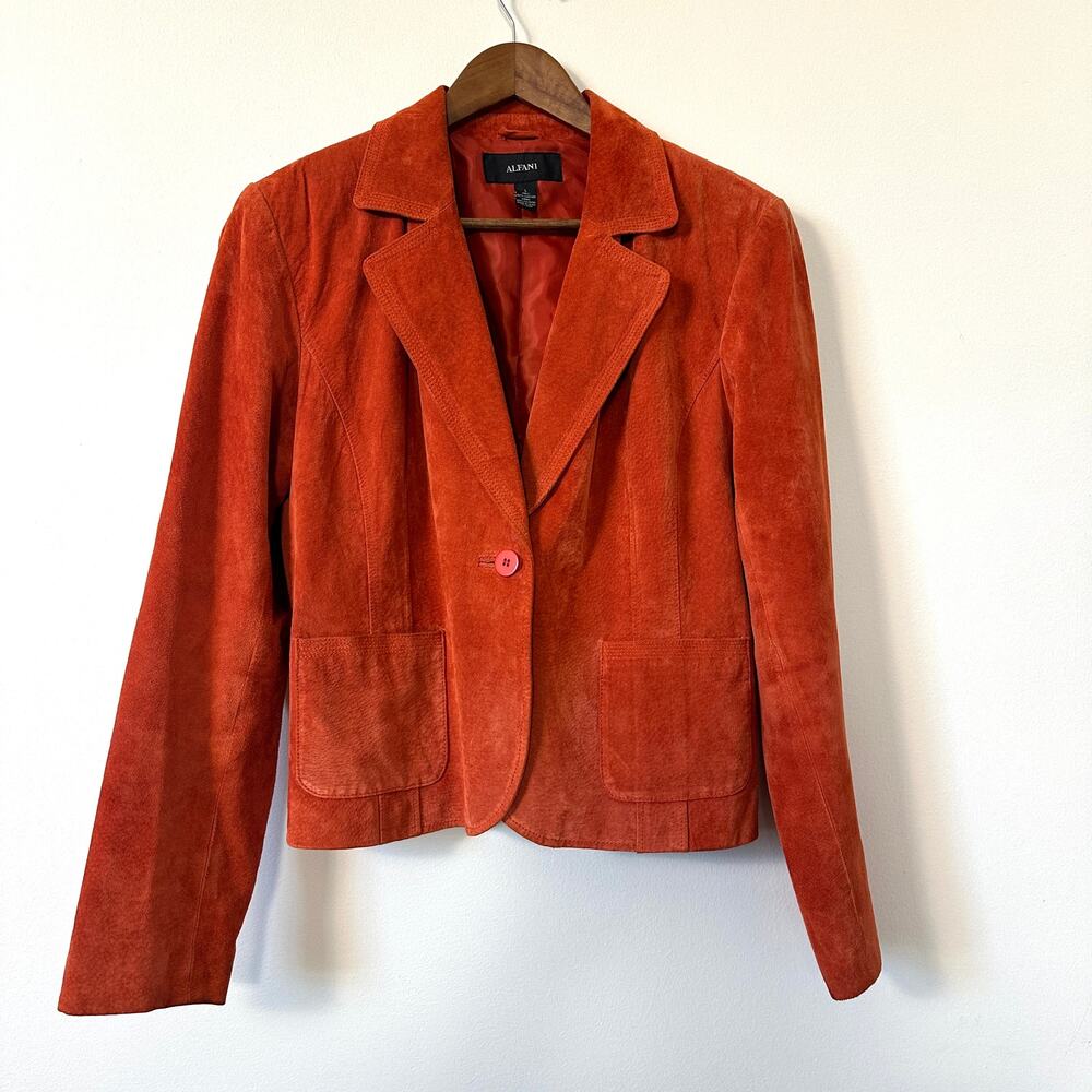 Alfani Burnt‎ Orange Suede Leather Blazer Jacket L Statement Western Boho Artsy
